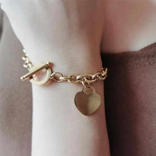 Vista 3 de Elegent - Pulsera de acero inoxidable con dije de corazón con cierre de palanca, chapado en oro y plata, cierre de OT, pulsera de cadena