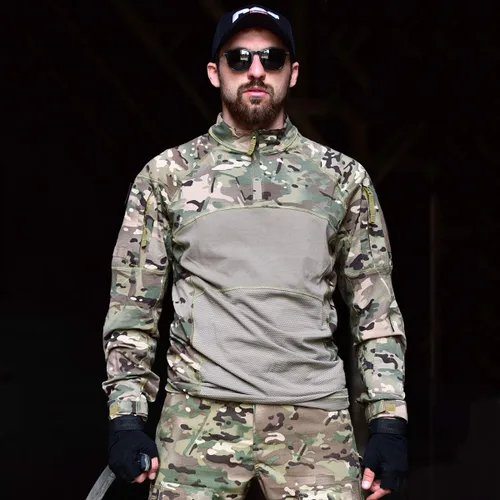 Vista 3 de CARWORNIC Gear - Camisa táctica militar de combate para hombre, de algodón, elástica, camuflaje, manga larga, con cremallera de 1/4