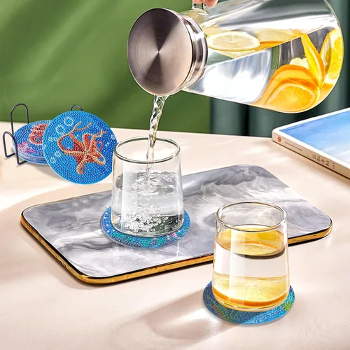 Vista 6 de Craftdady Juego de 8 piezas de pintura de diamantes oceánicos para adultos, posavasos de arte de diamantes con soporte, posavasos acrílicos