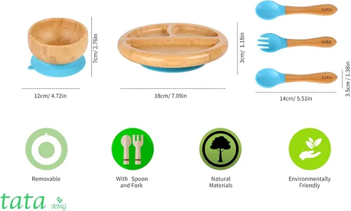 Vista 2 de Plato de succión y cuenco de bambú con tenedor y 2 cucharas Plato de alimentación de madera dividido para niños pequeños Juego de utensilios