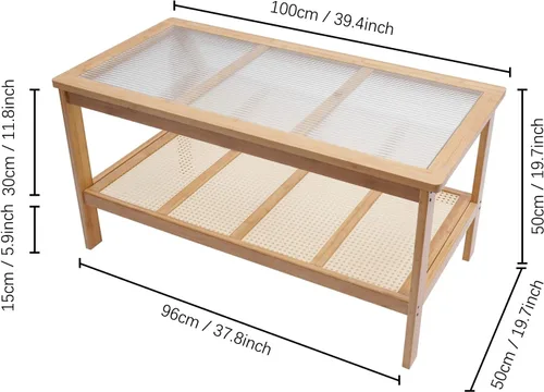 Vista 2 de Gdrasuya10 Mesa de centro moderna de bambú para sala de estar, mesa auxiliar rectangular de 2 niveles, mesa central de vidrio, estante