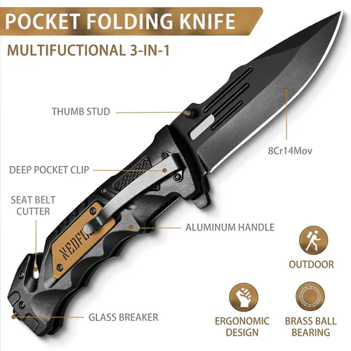 Vista 2 de NedFoss Cuchillo plegable de bolsillo DA75 Mini, cuchillo de bolsillo 3 en 1 para hombres, cuchillo de supervivencia de 2.95 pulgadas con cierre