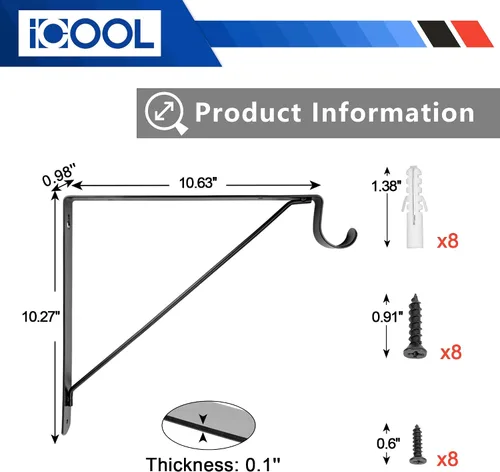 Vista 2 de ICOOL Paquete de 4 soportes para estante de armario, estante de armario y soportes de barra, soportes de pared para armario, color negro