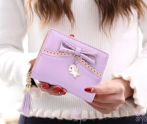 Vista 2 de UTO - Billetera para niñas de cuero vegano, lindo gato colgante, organizador de tarjetas, monedero para mujeres, Unicorn Ace Light Purple, S