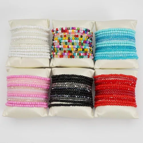 Vista 6 de Caiyao 12 pulseras apilables con cuentas de resina multicapa bohemia, pulseras elásticas de cuentas de cristal de colores, pulseras elásticas