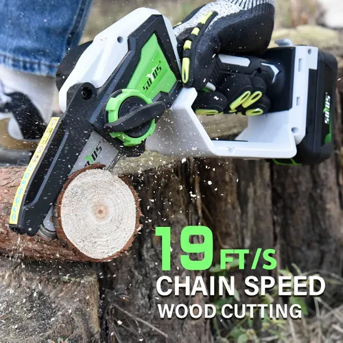 Vista 4 de Mini motosierra inalámbrica, SOYUS de 4 pulgadas con batería y cargador, potente motosierra pequeña de mano para cortar ramas de madera