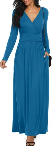 Vista 8 de LILBETTER - Vestido largo de manga larga, cuello en V profundo, holgado, liso y casual para mujer Verde militar