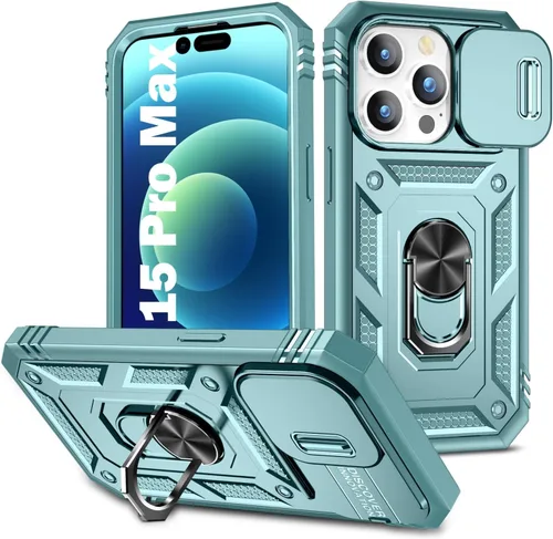 Vista 115 de PASNEW Funda militar para iPhone 13 Pro Max, cubierta de cámara deslizante y soporte de anillo de metal de 360°, carcasa rígida multicapa resistente
