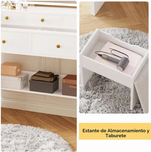 Vista 5 de Juego de escritorio de maquillaje con espejo iluminado LED, tocador y taburete, 5 cajones de almacenamiento, toma de corriente, luces regulables sin