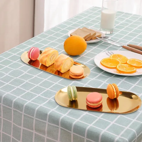 Vista 5 de Bandeja de acero inoxidable para toallas/platos, bandejas de almacenamiento de té/frutas, organizador de cosméticos y joyas, dorado, ovalado