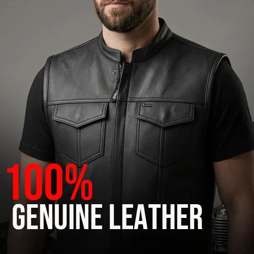Vista 8 de SOA - Chaleco de motocicleta para hombre, piel de búfalo de alta calidad, armadura trasera, bolsillos interiores, chalecos de club de motociclista