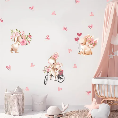 Vista 2 de Calcomanías de pared con bonito diseño de conejo rosa, diseño de conejito rosa, diseño de animales de dibujos animados, calcomanías de pared