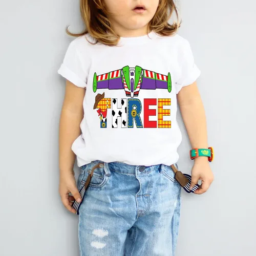 Vista 3 de Story Toy Camiseta de tercer cumpleaños Buzz Lightyear Traje niña niño 3er cumpleaños (4T) blanco