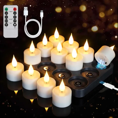 Vista 7 de FPOO Velas de té recargables con temporizador remoto, 6 velas votivas sin llama USB Rechargeable with remote, 4H/6H timer, and warm LED flicker
