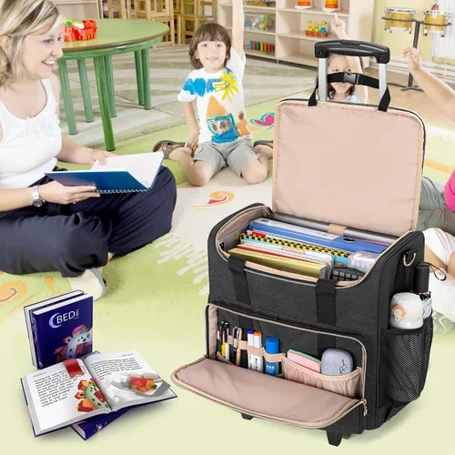 Vista 7 de LUXJA Bolsa rodante para profesores con compartimento para laptop y dolly desmontable, bolsa de mano rodante multifuncional para profesores