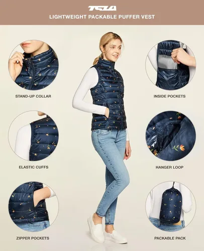 Vista 3 de TSLA Chaleco acolchado ligero y plegable para mujer, chalecos de invierno resistentes al agua