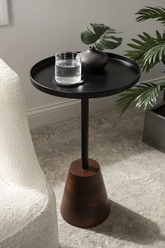 Vista 2 de Kate and Laurel Tira - Mesa auxiliar redonda, 14 x 14 x 24 pulgadas, madera marrón nogal y negro, mesa auxiliar decorativa estilo pedestal para usar