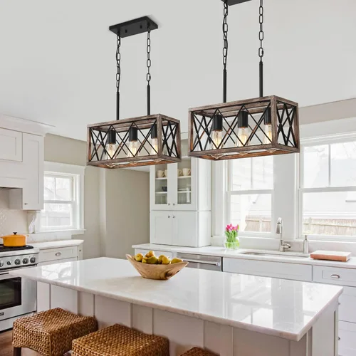 Vista 8 de KEESFU Iluminación de isla de cocina de granja, accesorios de iluminación colgante de 3 luces, altura ajustable, luz industrial para comedor de sala