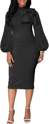 Vista 3 de BestGirl Vestidos ajustados de manga obispo para mujer, vestidos de trabajo casuales con estampado floral