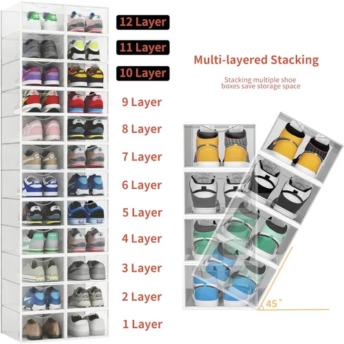 Vista 4 de Seseno Paquete de 12 cubos de almacenamiento de zapatos, organizador de zapatos apilable de plástico transparente para armario, zapatero plegable