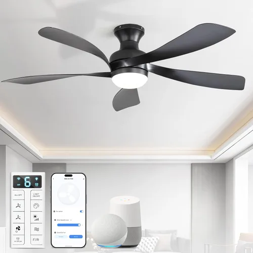 Vista 19 de Sofucor Ventilador de techo inteligente de perfil bajo de 52 pulgadas con luces y control remoto, ventilador de techo empotrado funciona con Blanco