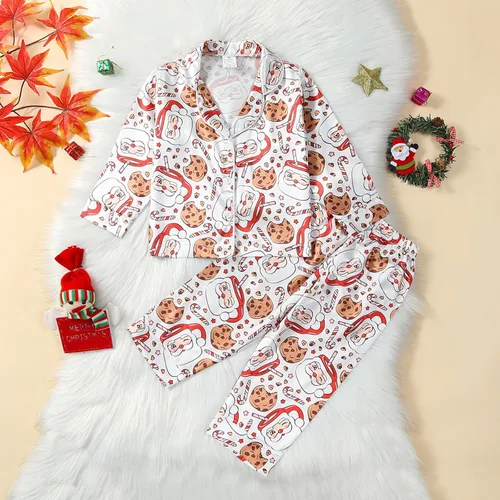 Vista 3 de BULINGNA Conjunto de pijama de dos piezas de Navidad para niños y niñas pequeñas, pijama de satén con diseño de galleta de Papá Noel y pantalones