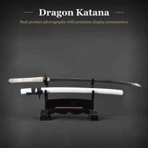 Vista 2 de HMS Samurai Katana Sword, Practical, Hand Forged, 1045 Carbon Steel, Heat Tempered/Clay Tempered, Full Tang, Sharp, Scabbard Blanco-dragón-951A
