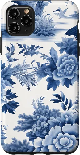 Vista 13 de iPhone 16 White and blue Chinoiserie Botanical Floral Bird Classic Case