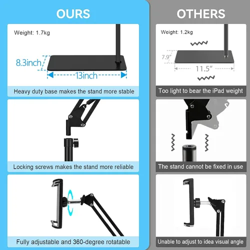 Vista 5 de Soporte de suelo para tablet con base de doble peso, soporte para teléfono de cama superior ajustable en altura / soporte elástico para tableta
