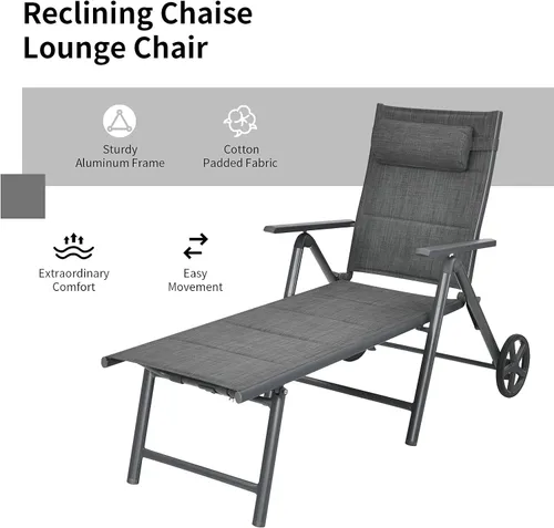 Vista 6 de RELAX4LIFE Tumbona para patio con ruedas – Silla reclinable plegable acolchada con almohada extraíble, respaldo ajustable, sillas de playa