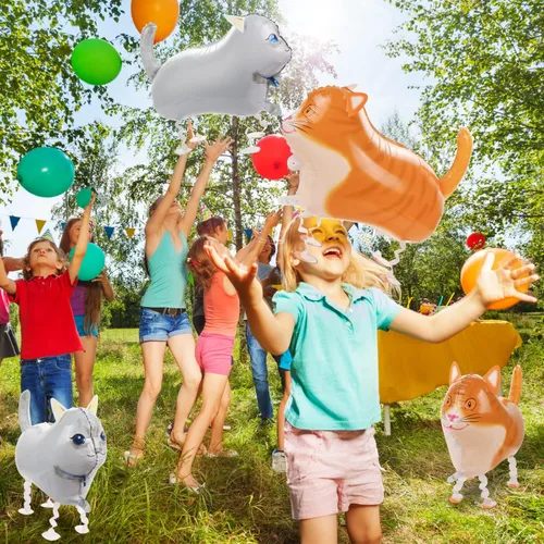 Vista 5 de 8 globos de gato que camina, globos de Mylar de gato con 2 cintas, globos largos de aluminio para decoración de fiesta de cumpleaños temática