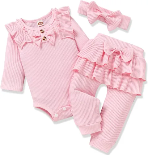 Vista 15 de Aalizzwell Conjunto de mameluco acanalado para bebés y niñas prematuros, para otoño e invierno Beige