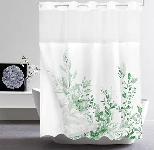 Vista 101 de Tititex - Juego de cortinas de ducha de eucalipto negro, hojas de acuarela gris en la parte superior, con decoración floral de baño, 60 x 72