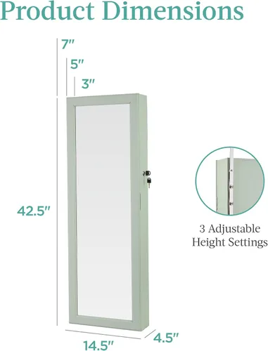 Vista 7 de Best Choice Products Armario de joyería con espejo LED, organizador de joyas con cerradura para pared o puerta con espejo, 2 cajones, cerradura