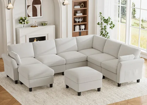 Vista 16 de Legend Vansen Sofá modular seccional, cómodo sofá modular en forma de U de 6 asientos con espacio de almacenamiento y diván, sofás seccionales Crema