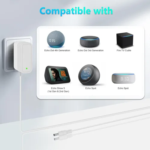 Vista 2 de Adaptador de corriente de repuesto de 15 W para Amazon Alexa Dot 3ª generación, Dot 4ª generación, Dot 5ª generación 2022, Echo Pop, Echo Show 5