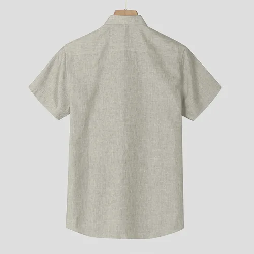 Vista 5 de Camisas de lino para hombre, a la moda, casual, de manga corta, con botones, para verano, tallas grandes y altas, hawaianas, para playa