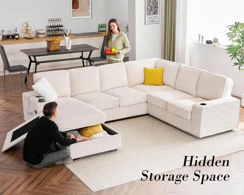Vista 5 de PaPaJet Sofá en forma de U, sofá de gran tamaño de 112 pulgadas con diván de almacenamiento, sofá modular con portavasos y 2 puertos USB, sofá beige