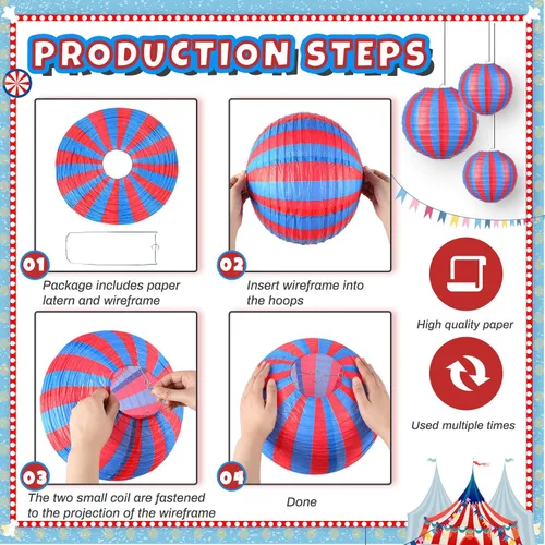 Vista 3 de Hortsun 12 Pcs Carnival Circus Decorations Red and Blue Striped Paper Lanterns Chinese Hanging Paper Lanterns for Carnival Circus Wedding Birthday