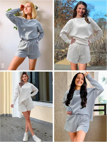 Vista 5 de FUPHINE Conjunto de 2 piezas para mujer, sudadera de manga larga con botones y pantalones cortos con bolsillos