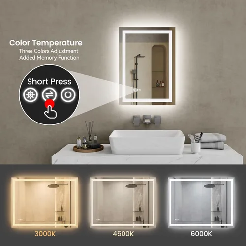 Vista 6 de Espejo LED para baño de 20 x 28 pulgadas, espejo de tocador de baño con luces, espejo iluminado antivaho montado en la pared, espejo iluminado