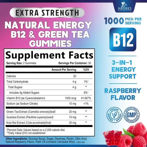 Vista 2 de Energy Gummies – Vitamina B12 1000mcg – 3 veces gomas de energía limpia y concentración con cafeína natural de té verde – Suplemento de ejercicio