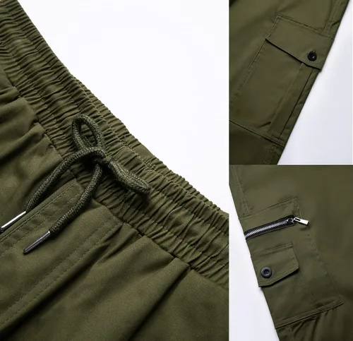 Vista 6 de THWEI Pantalones cargo para hombre, casuales, con cordón, atléticos, jogger, deportivos, pantalones para exteriores Verde militar