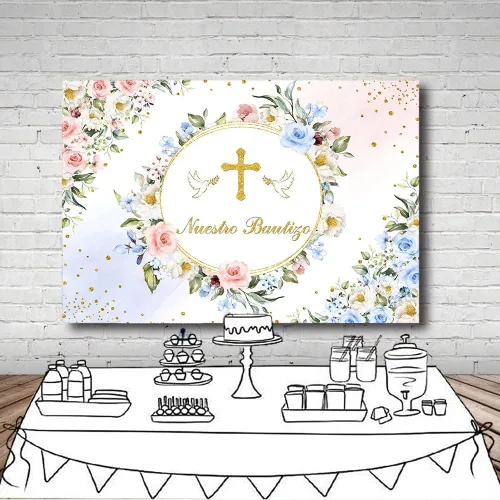 Vista 4 de MEHOFOND Telón de fondo Nuestro Bautizo de 7 x 5 pies para niños y niñas, color rosa pastel, azul, floral, bautismo, primera comunión, fotografía