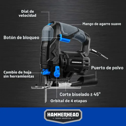 Vista 3 de Hammerhead Sierra Caladora de 4.8 Amperios de 3/4 Pulgadas con 2 Hojas de Corte de Madera, Velocidad Variable y Función Orbital - HAJS048