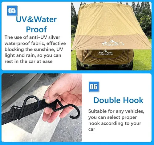 Vista 2 de Tienda de campaña para portón trasero para automóvil, toldo para auto, protección solar, impermeable, a prueba de rayos UV, para SUV, camping Negro