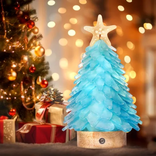 Vista 6 de Árbol de Navidad de cristal azul marino - Mini árbol de Navidad con luces LED Centro de mesa hecho a mano, ideal para Navidad, Año Nuevo