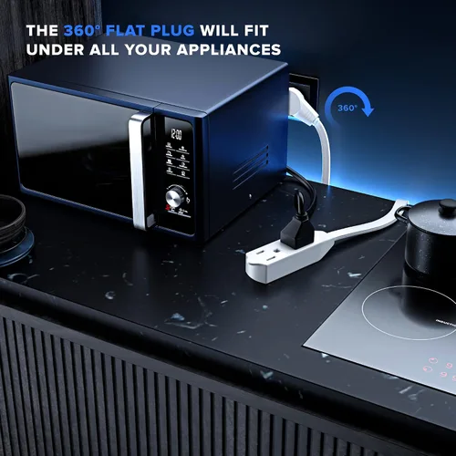 Vista 8 de Maximm Cable de extensión de enchufe plano giratorio de 360° de 1 pie, cable de extensión de 3 tomas de corriente múltiple de 16 AWG, cable