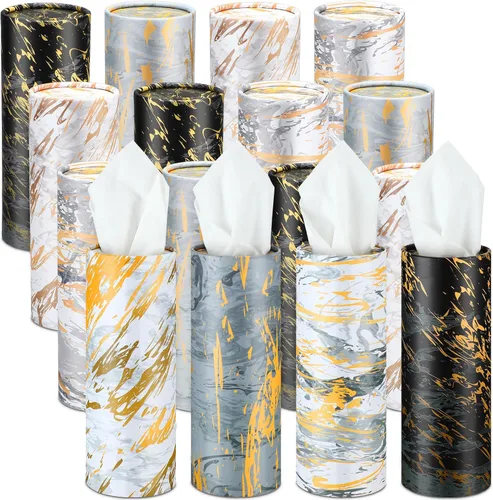 Vista 9 de Thenshop Paquete de 12 soportes para pañuelos de automóvil de 3 capas de tejido facial a granel mármol moderno, cilíndrico, cajas redondas de viaje