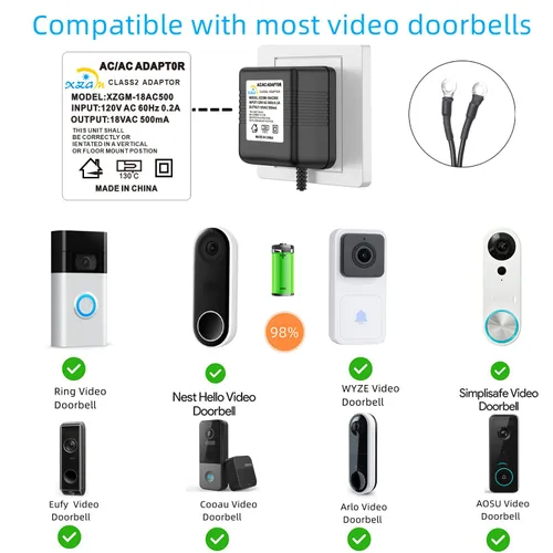 Vista 4 de Timbre de video negro, transformador de potencia especial, adaptador de corriente para timbre de puerta de 18V500MA, compatible con Ring, Nest
